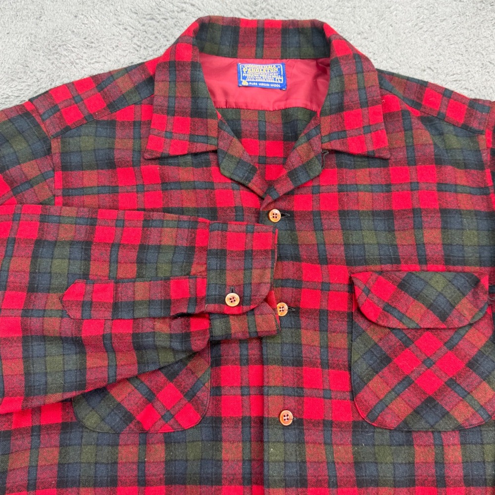 Pendleton Board Shirt Mens Large Red Green Plaid Vintage Wool Flannel Button Up